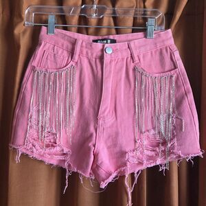 Blue B Collection Pink Rhinestone Fringe Distressed Cut Off Denim Shorts S